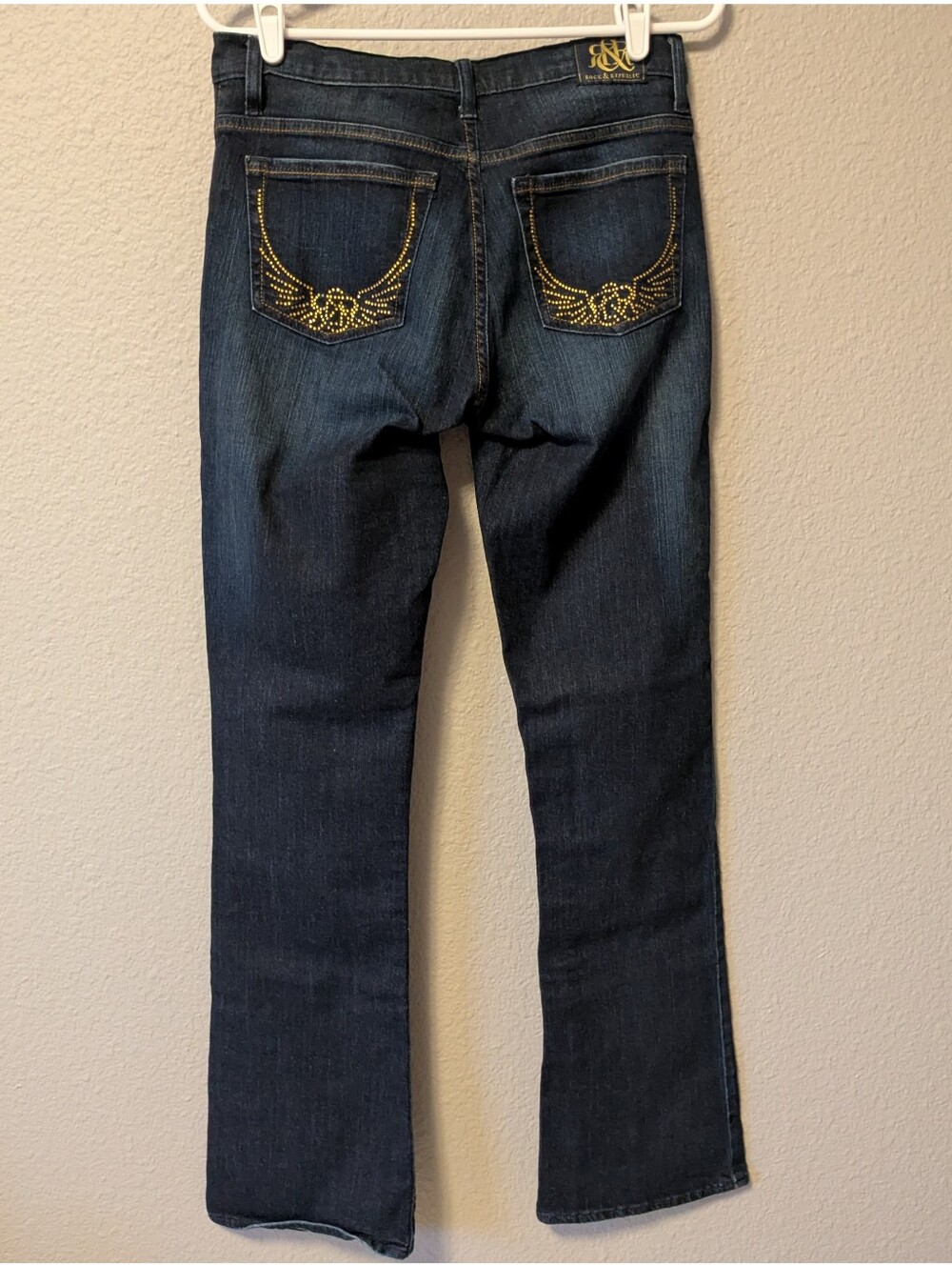 Rock & Republic Kasandra Dark Blue Stretch Denim Jeans Gold Stitching Sequins 10
